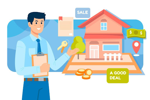Illustration of a real estate agent selling a house