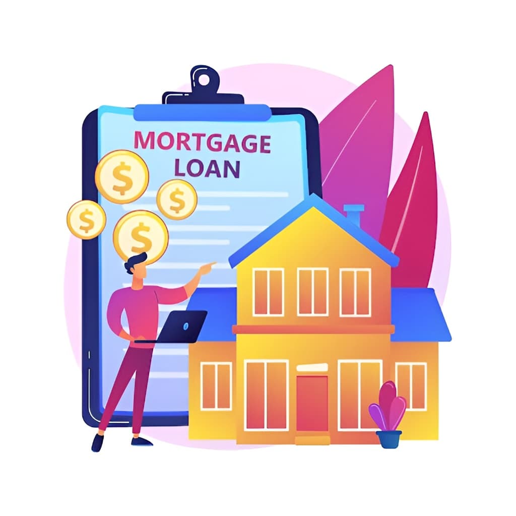 An illustration of a person with a laptop pointing to a mortgage loan document.