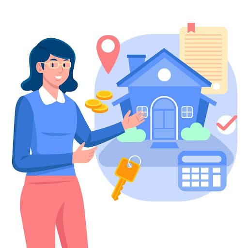 illustration of a person showing a house with a contract, calculator, keys,etc.