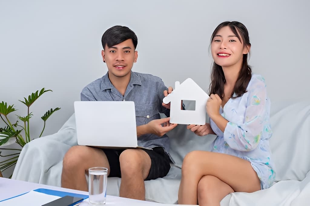 A couple sitting on a couch with a laptop and a paper house.