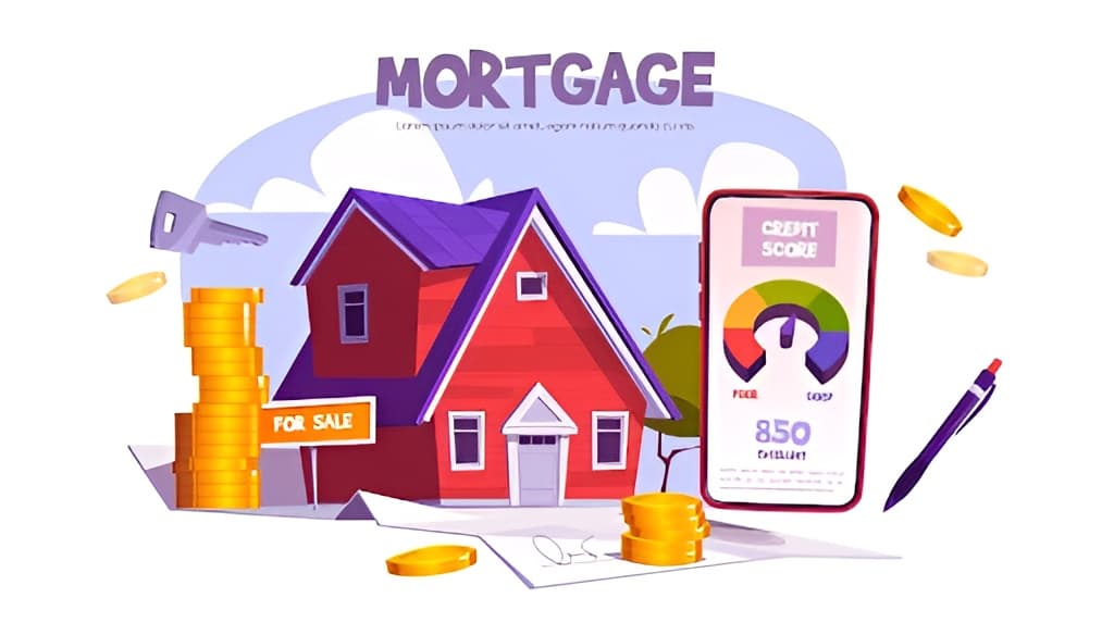 An illustration of a mortgage concept with a house, coins, and a phone showing a credit score.