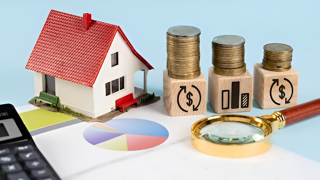 A miniature house with stacks of coins and a magnifying glass on a graph.