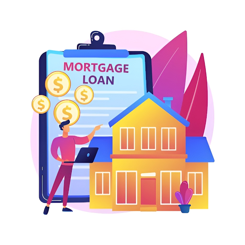 An illustration of a person with a laptop pointing to a mortgage loan document.