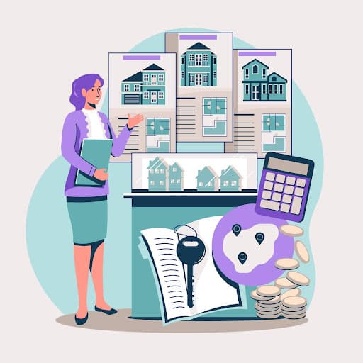 realtor showing homes, including calculator and keys